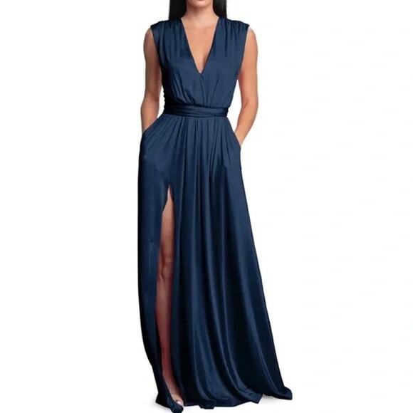 Dress the Population Krista Navy Satin Plunge Maxi Gown Side Slit Small - Picture 1 of 7